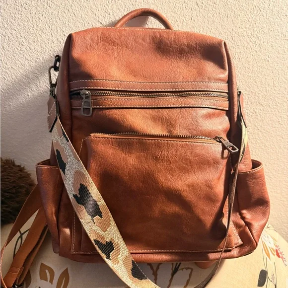 Vintage Tan vegan Leather Backpack with Patterned Strap - Picture 3 of 11